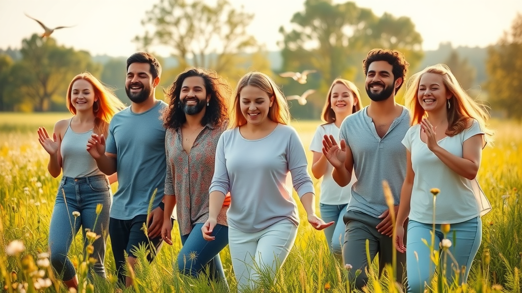 Group practicing mindfulness walking in a sunlit meadow: Mindfulness in natural settings