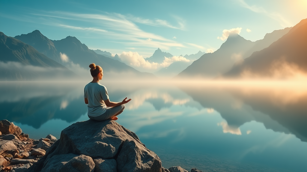 nature immersion benefits tranquil mountain landscape person meditating on rock sunrise reflection clear lake peaceful environment