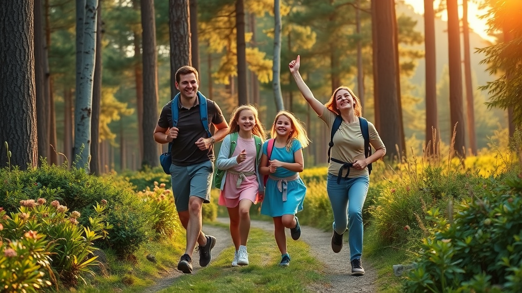 Family enjoying nature immersion growth techniques while hiking, demonstrating physical health and happiness