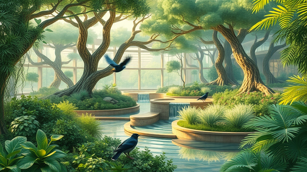 Lush permaculture-style landscape alive with abundance, showing design principles of growth techniques in nature.