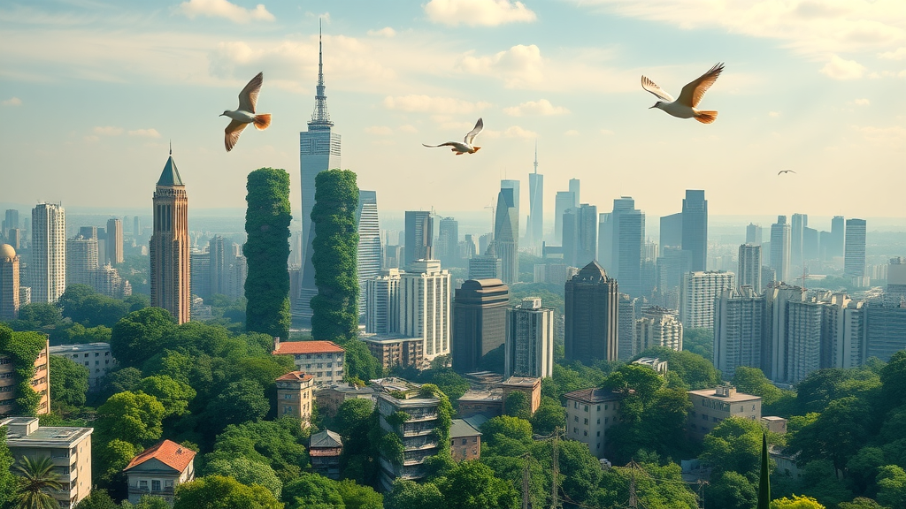 nature-based growth strategies urban landscape with green city skyline, vertical forests and green roofs