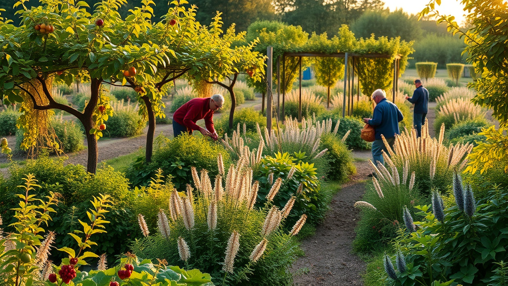 Abundant perennial food garden showcasing trees, berries, and vegetables, illustrating sustainable growth techniques in nature.