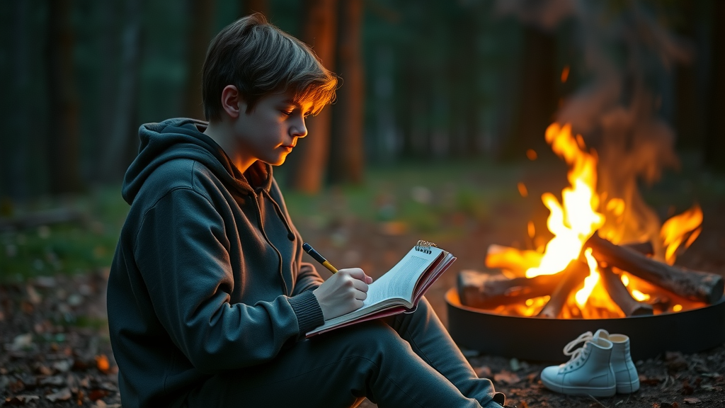 young person journaling by a campfire during a solo reflection period in wilderness therapy
