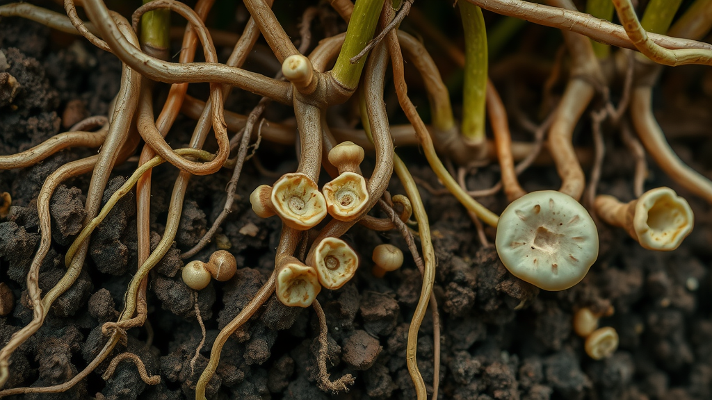 Close-up of plant roots and fungi: revealing growth techniques and nutrient exchanges shaping the living world.