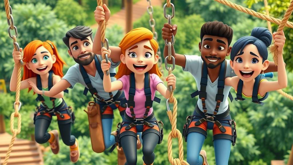 outdoor personal development group ropes course team collaboration safety gear greenery