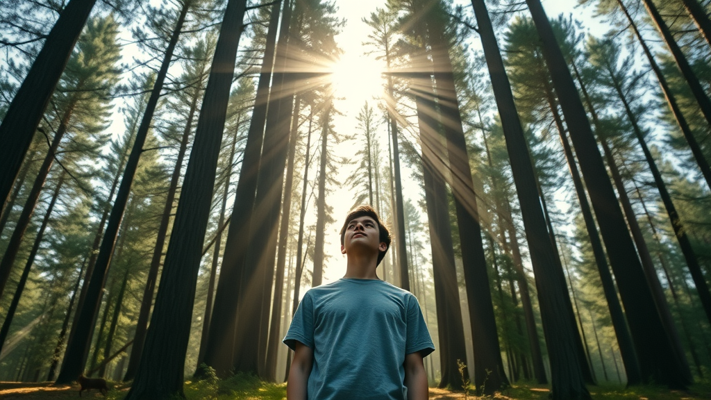 Peaceful young adult practicing mindfulness under tall pine trees: Nature and mindfulness in practice