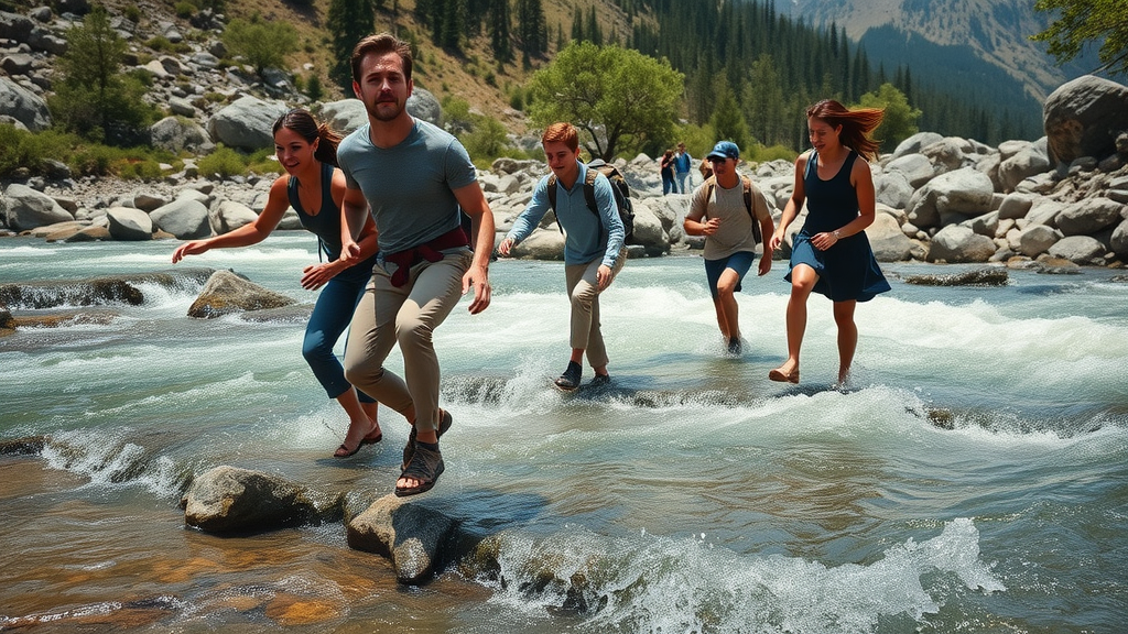 adventure group crossing stream, outdoor adventure therapy, holistic healing