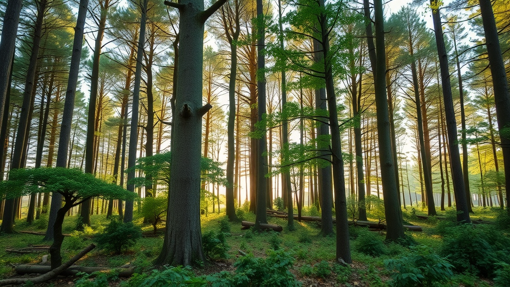 Timelapse of forest succession showing growth of saplings to mature trees; living world regeneration.