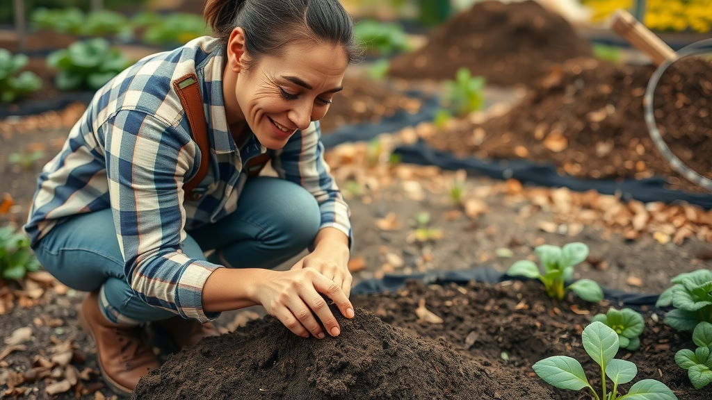 Sustainable gardener assessing healthy soil in a vegetable patch, demonstrating growth techniques in nature.