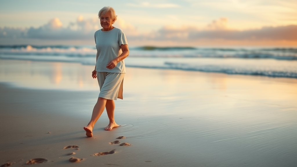Calm older woman enjoying a mindful walk along a quiet beach at sunrise—mindfulness in natural settings