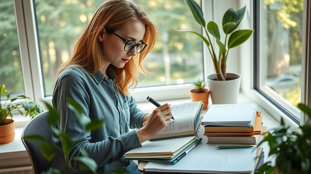 Motivated person thoughtfully planning a nature immersion growth routine at home with natural elements visible