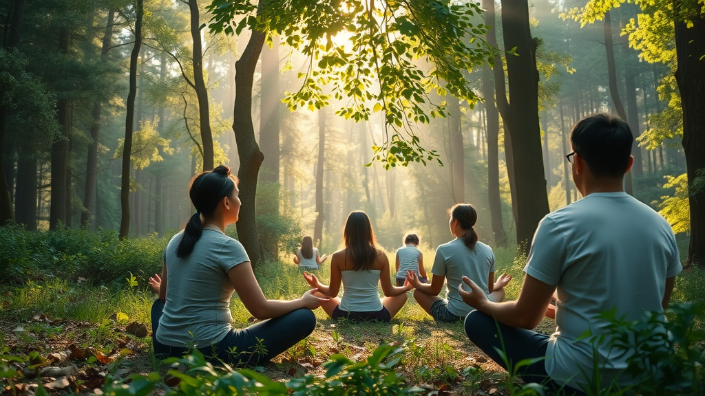 Diverse group practicing nature immersion growth techniques in forest clearing, rays of sunlight, mindful activity