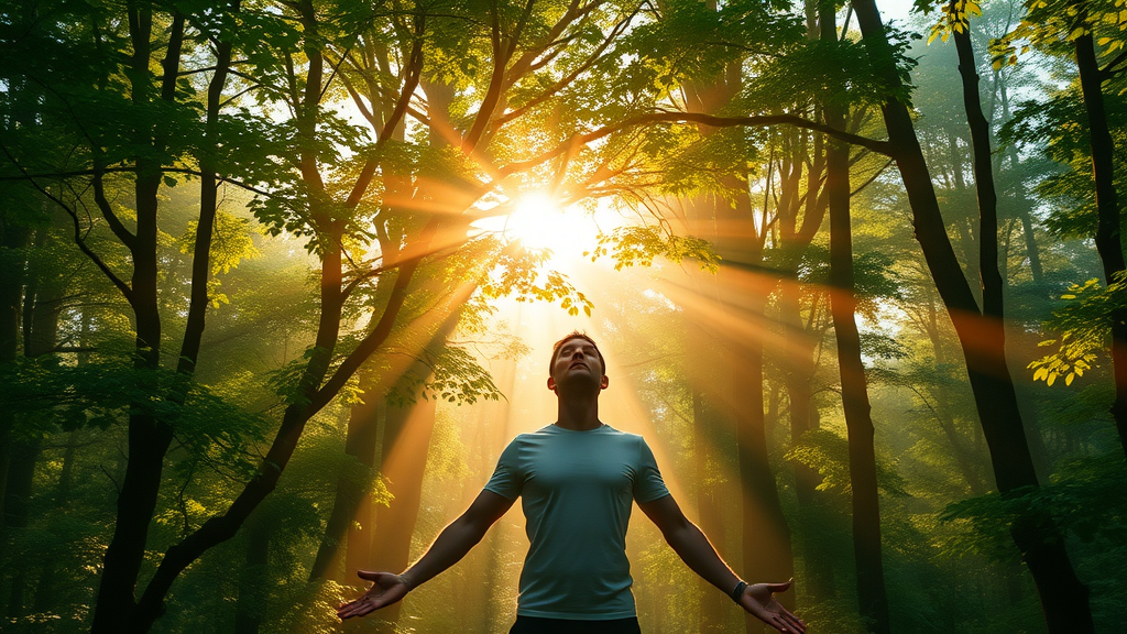 nature immersion benefits vibrant green forest at sunrise a person standing breathing deeply sunlight through leafy trees lush greens golden hues tranquil inviting