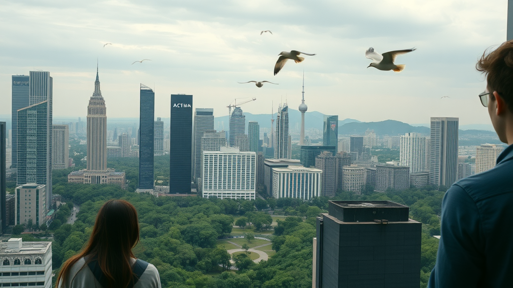 modern city with scattered green spaces, contemplative people observing parks, holistic nature experiences