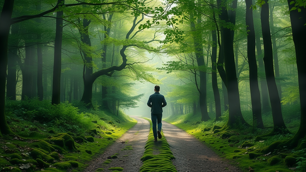 tranquil woodland path, holistic nature experience, mindful walking