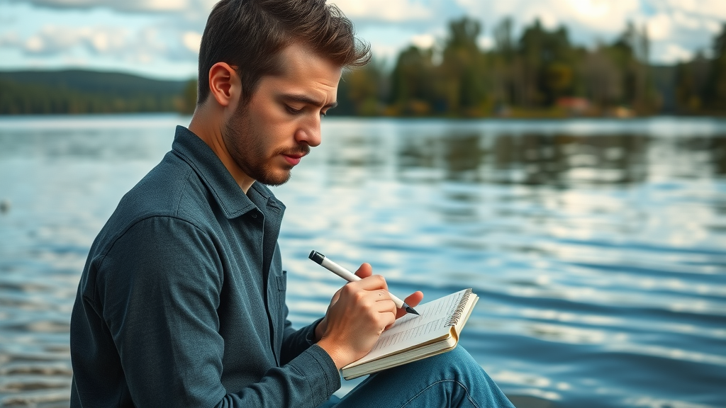 person writing in notebook beside a lake, reflecting on holistic nature experiences