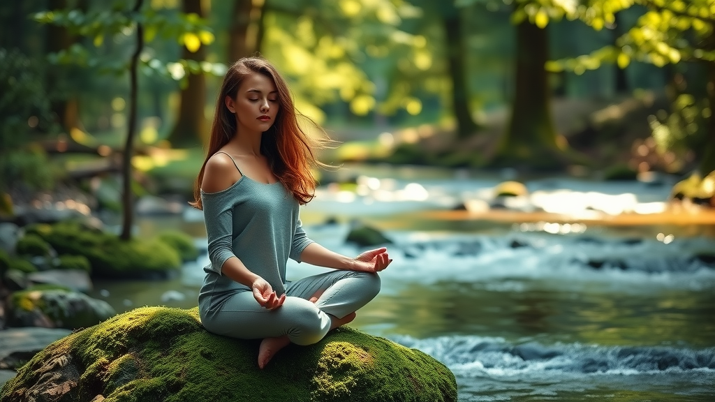 Practicing mindfulness in natural settings: Woman meditating by a tranquil forest stream