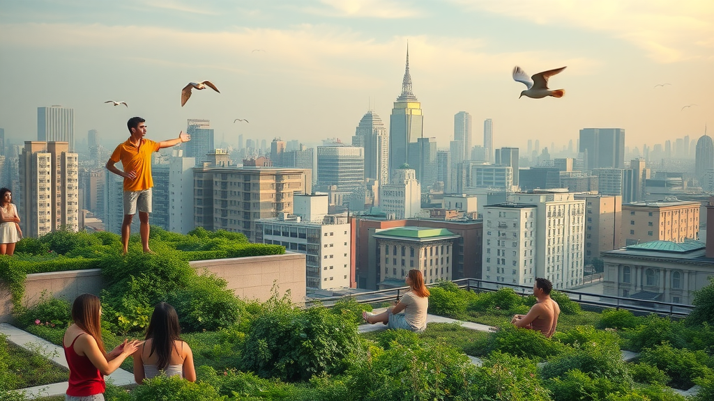 nature immersion benefits serene cityscape with green rooftop gardens people relaxing urban buildings and nature birds flying