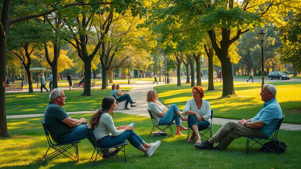 environmental psychology city park people relaxing, lush greenery, golden hour, calmness