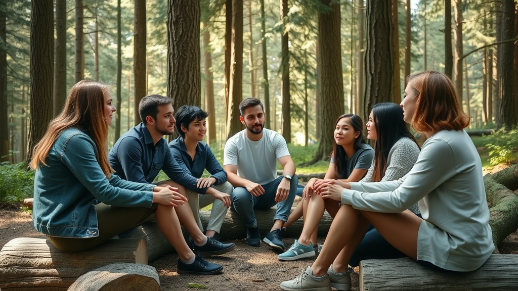 circle of young adults and therapist engaged in supportive holistic group therapy in the forest
