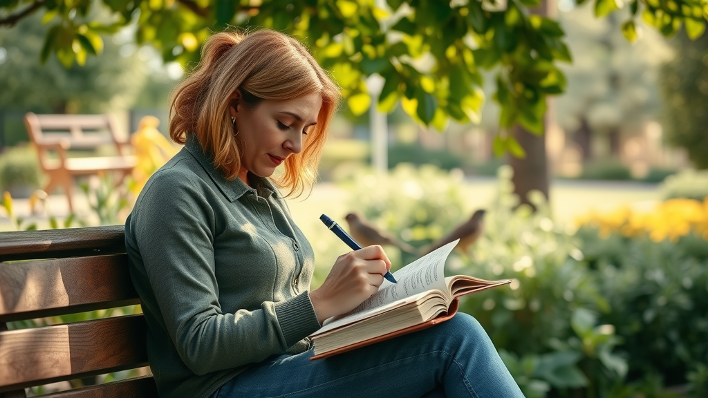 Individual writing in a journal as part of nature immersion growth techniques, surrounded by trees and birdsong