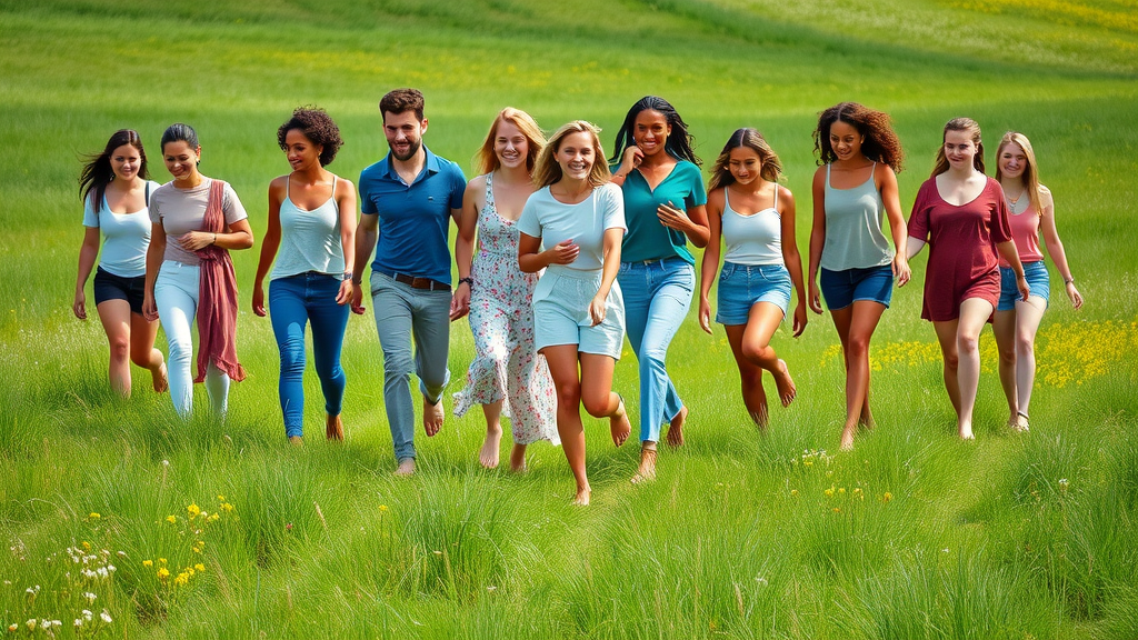 People practicing nature immersion growth techniques with barefoot walking in a grassy field with wildflowers