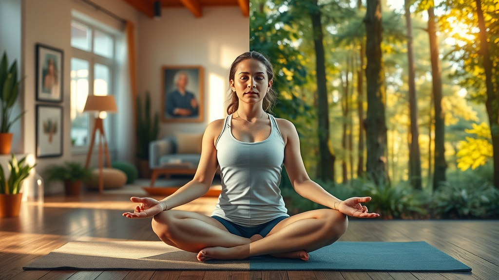 Dynamic split scene: Indoor meditation vs mindfulness in natural settings (forest)