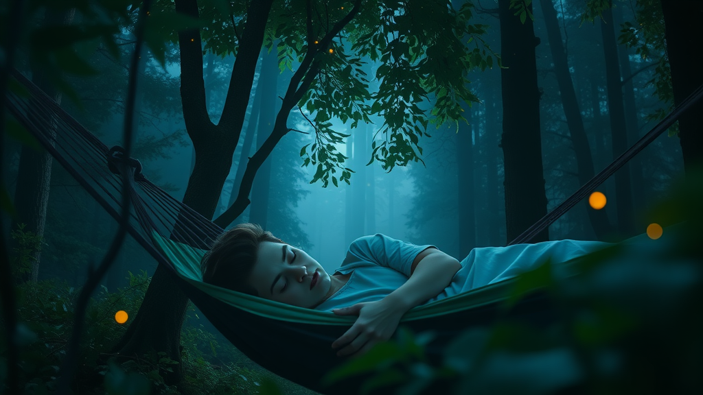 nature immersion benefits peaceful nighttime forest person sleeping hammock serene face starlit sky fireflies detailed