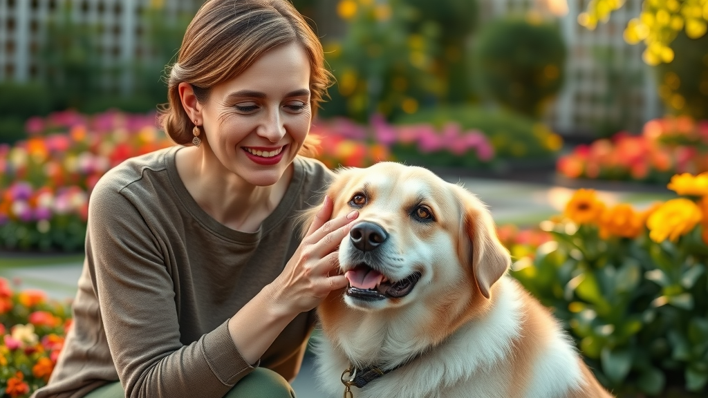 person enjoying animal-assisted therapy with therapy dog in therapeutic garden, flowers, animal therapy nature session