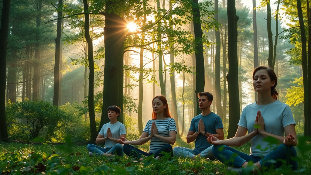 peaceful forest landscape with serene people meditating, holistic nature experiences
