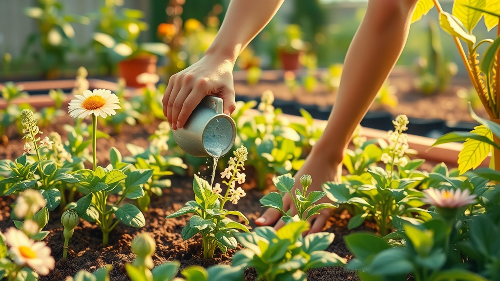 Garden bed of native plants thriving, with gardener gently watering—best practices for growth techniques in nature.