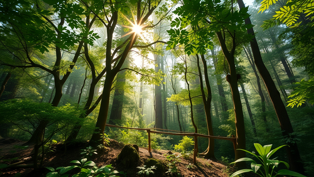 Lush thriving forest ecosystem featuring healthy soil, dense woodland, biodiversity, and new growth.