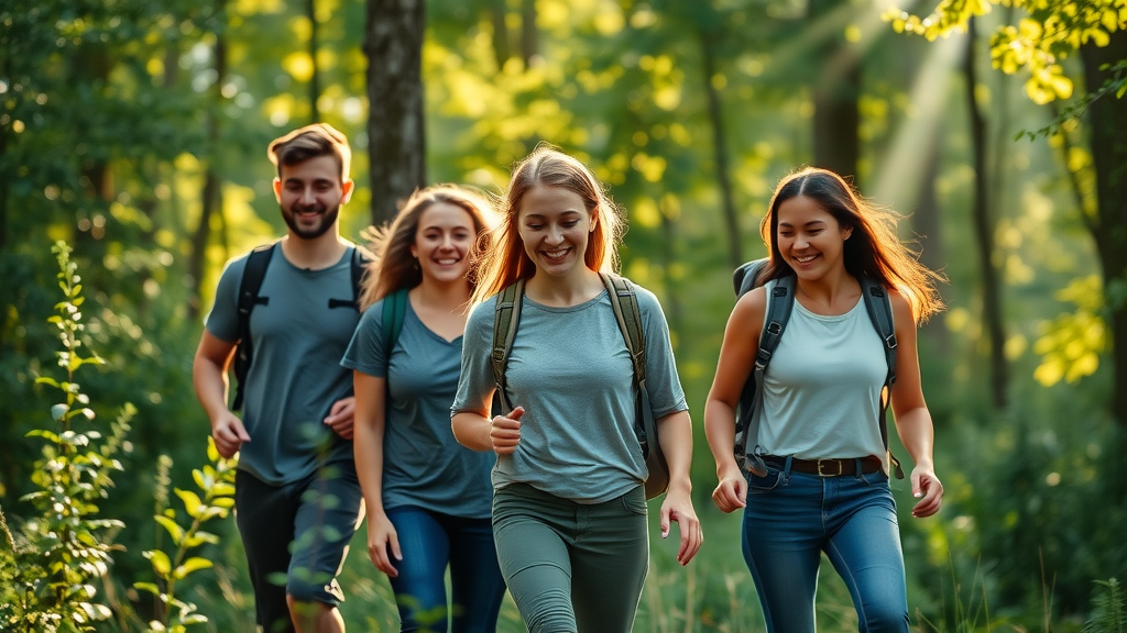 inspiring group of young adults hiking using wilderness therapy techniques, walking in a sunlit lush forest