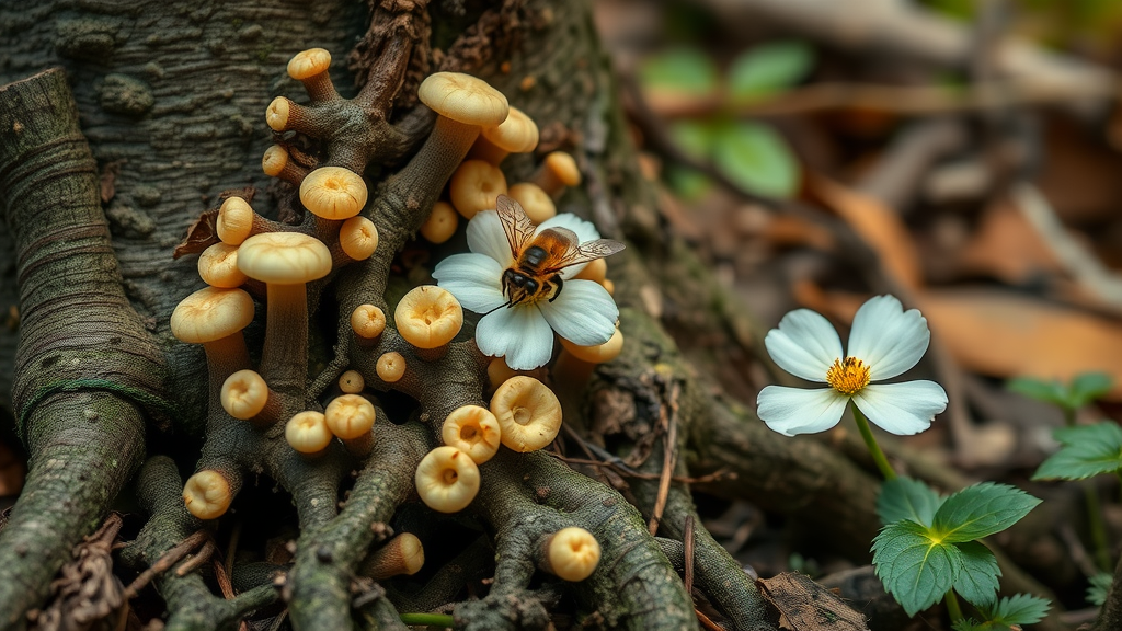 Close-up of mycorrhizal fungi with roots and bee pollinating, showing symbiosis in growth techniques in nature.