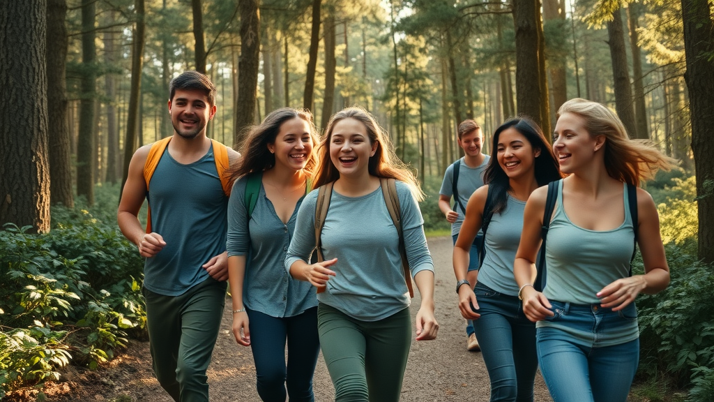 nature immersion benefits active friends hiking forest trail joyful woodland sunlight dynamic movement