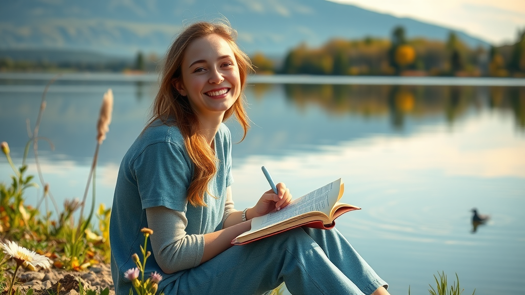 nature immersion benefits joyful woman by lake journaling wildflowers birds reflections content morning light