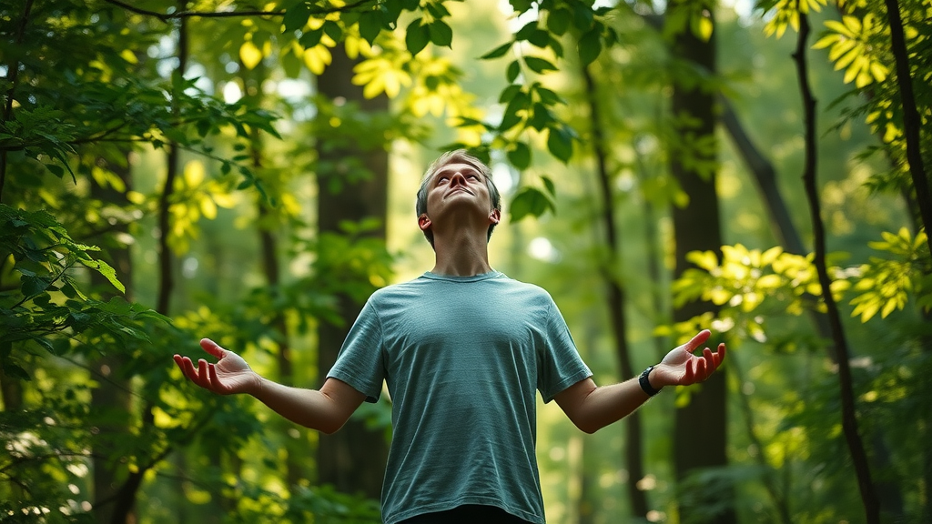 Serene adult immersing in nature using nature immersion growth techniques, sunlight filtering through green leaves