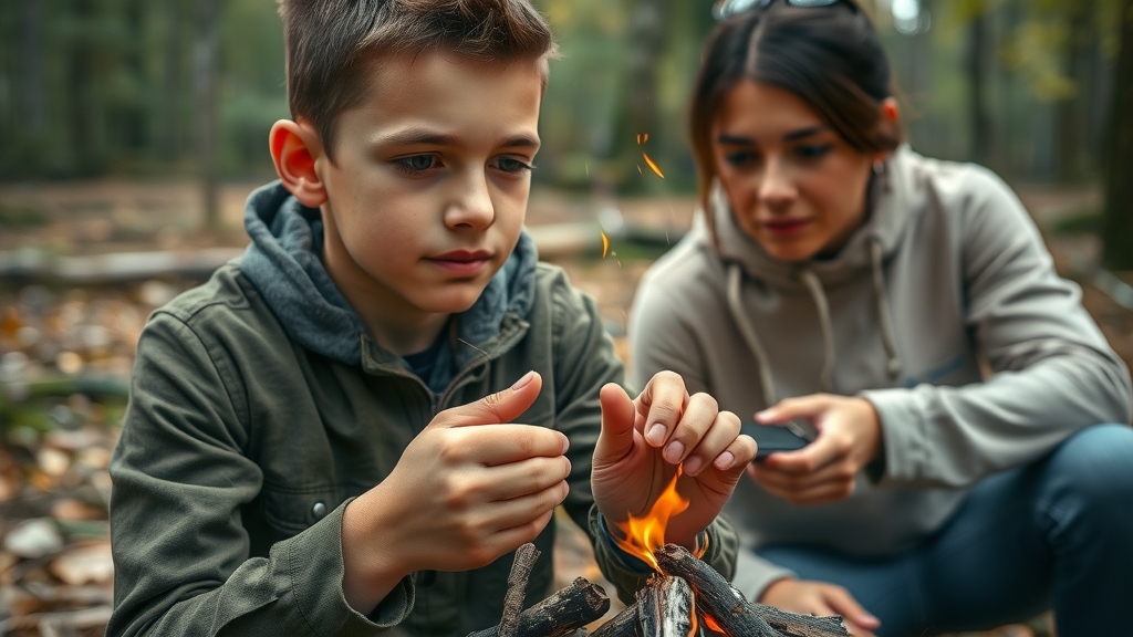 young person learning survival skills through experiential wilderness therapy, guided by a therapist