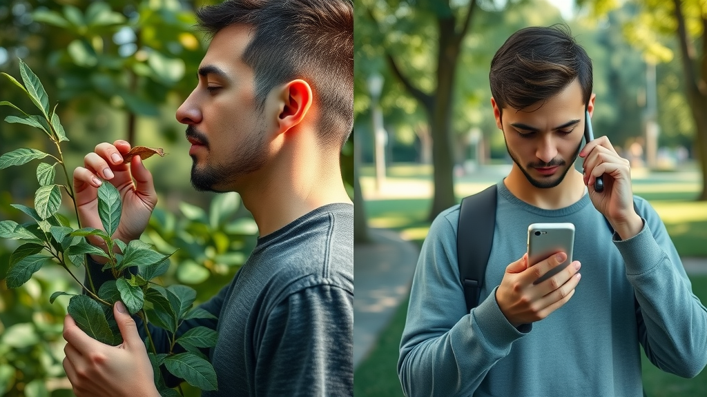 nature immersion benefits comparison engaged person touching leaves breathing deeply vs distracted person on phone in park