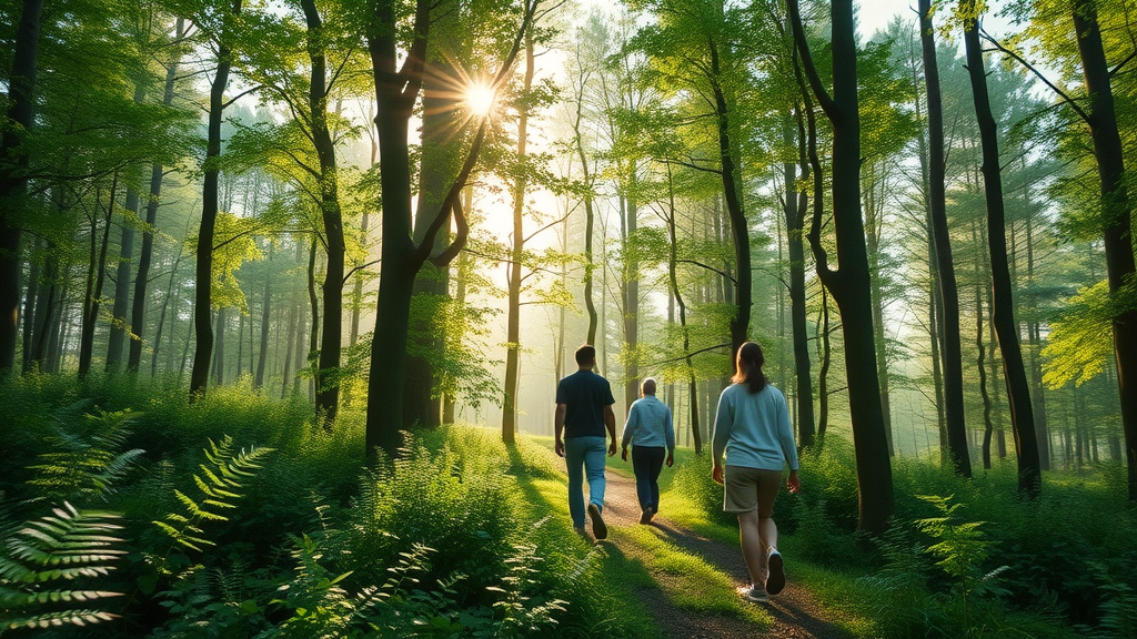 people practicing ecotherapy methods in a lush green forest with tranquil atmosphere, sunbeams, and soft lighting, forest bathing in nature therapy