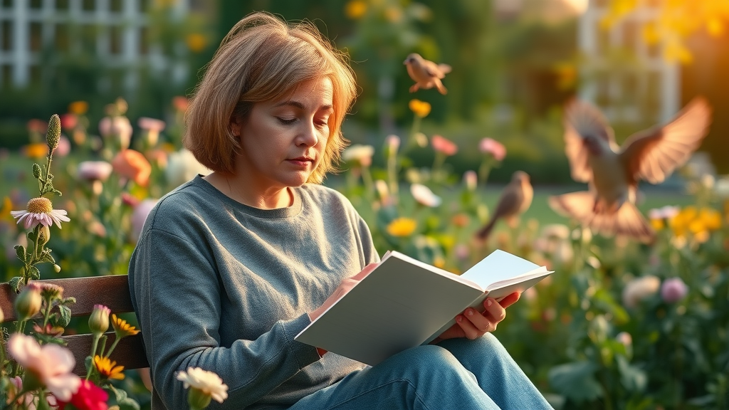 nature therapy session in a serene outdoor garden with flowers, person journaling, contemplative expression, nature therapy for mental health