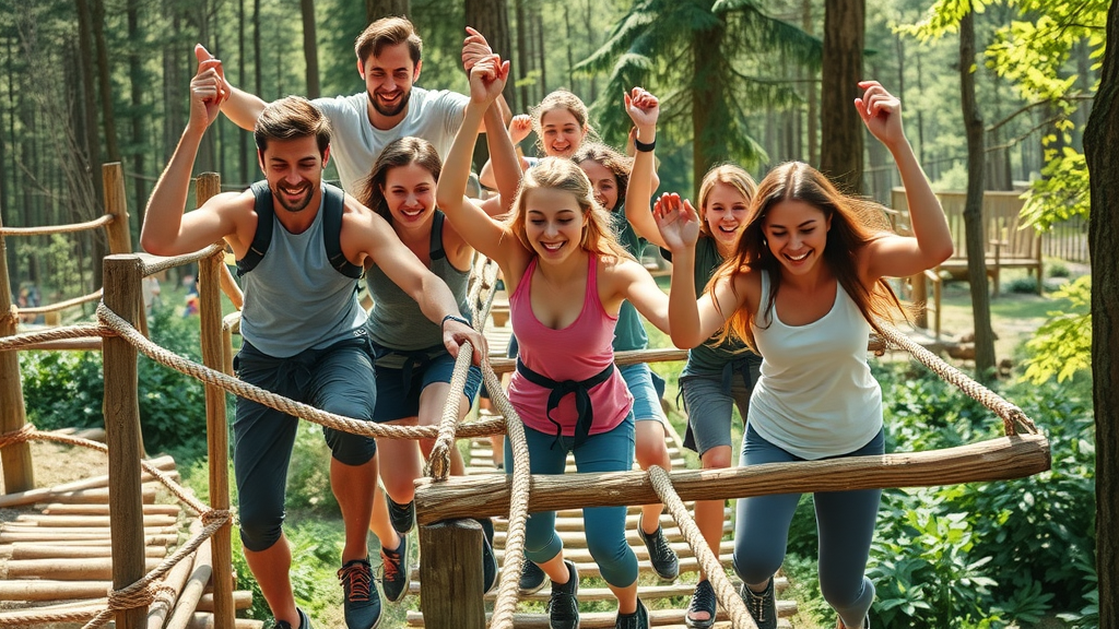diverse young adults helping each other on an adventure therapy obstacle course in a bright forest