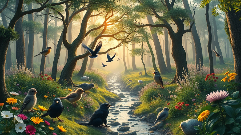 Biodiverse ecosystem with trees, flowering plants, birds, and animals, exemplifying growth techniques in nature.