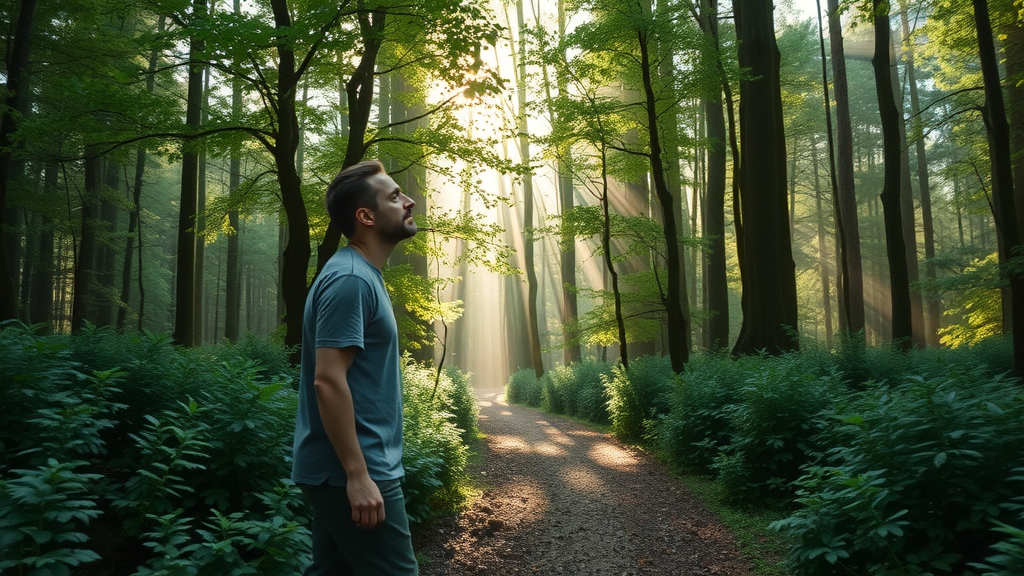 natural environment influence, adult walking in forest, calm and reflective