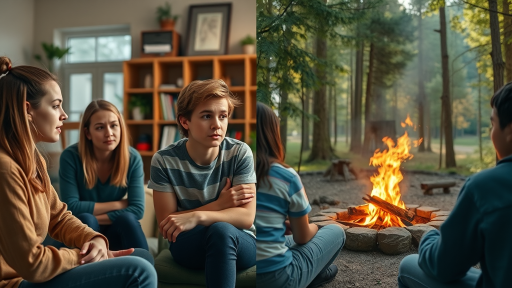 contrasting young people in an indoor therapy setting vs. an outdoor wilderness therapy camp
