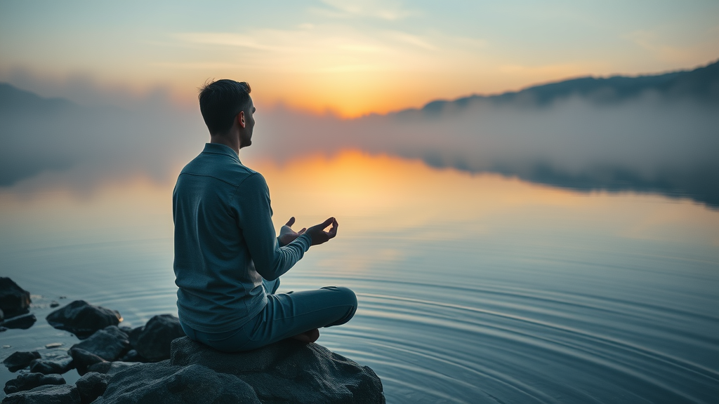 Person practicing nature immersion growth techniques meditating by a tranquil lake at sunrise