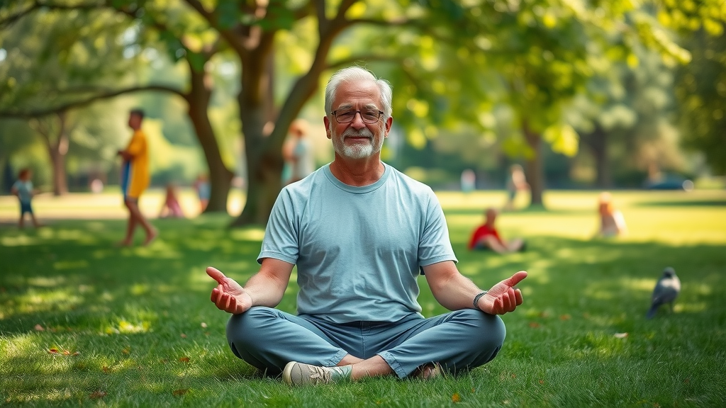 Mindfulness practice outdoors: Deep breathing in a sunlit park