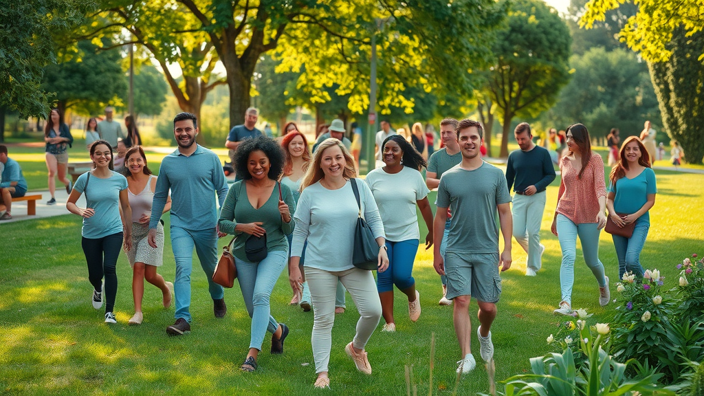diverse group enjoying lush green park, outdoor activities, holistic healing benefits