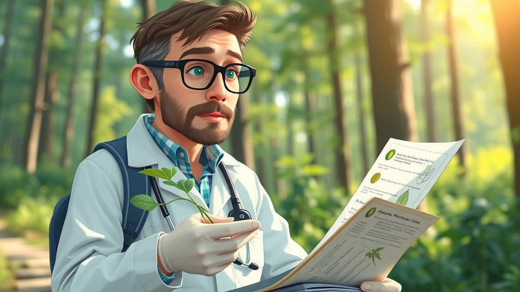 Expert studying the health benefits of nature immersion growth techniques in a sunny forest environment