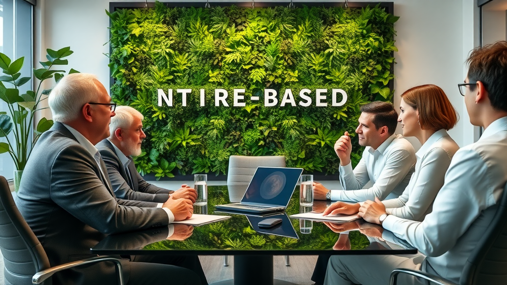 nature-based approaches in boardroom: strategy meeting with green wall and executives discussing sustainability